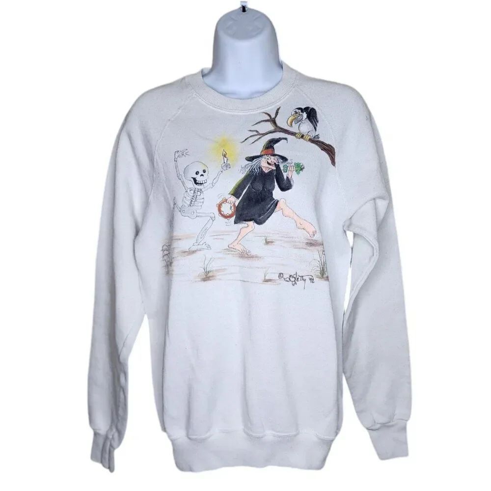 Vintage 90s Halloween Pullover Sweatshirt Womens Size M White Crewneck Witch
